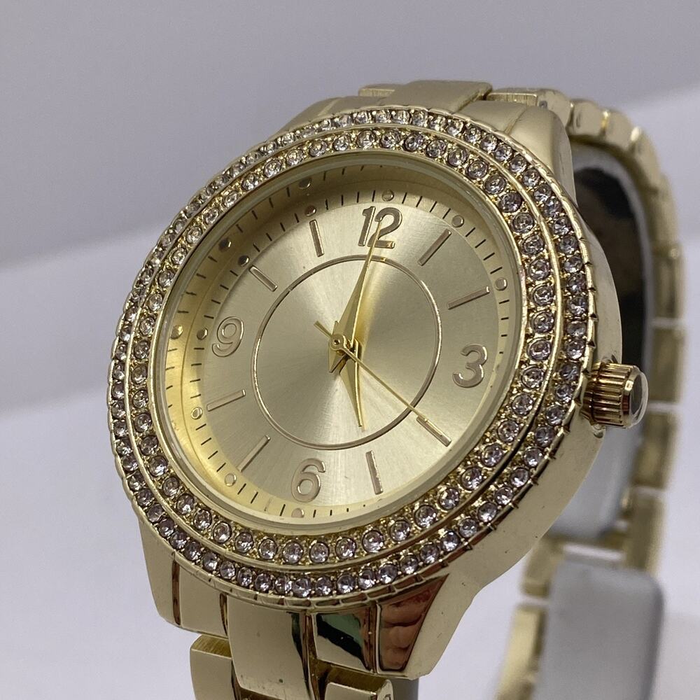 Womens Gold Tone Rhinestone Watch Works New Battery